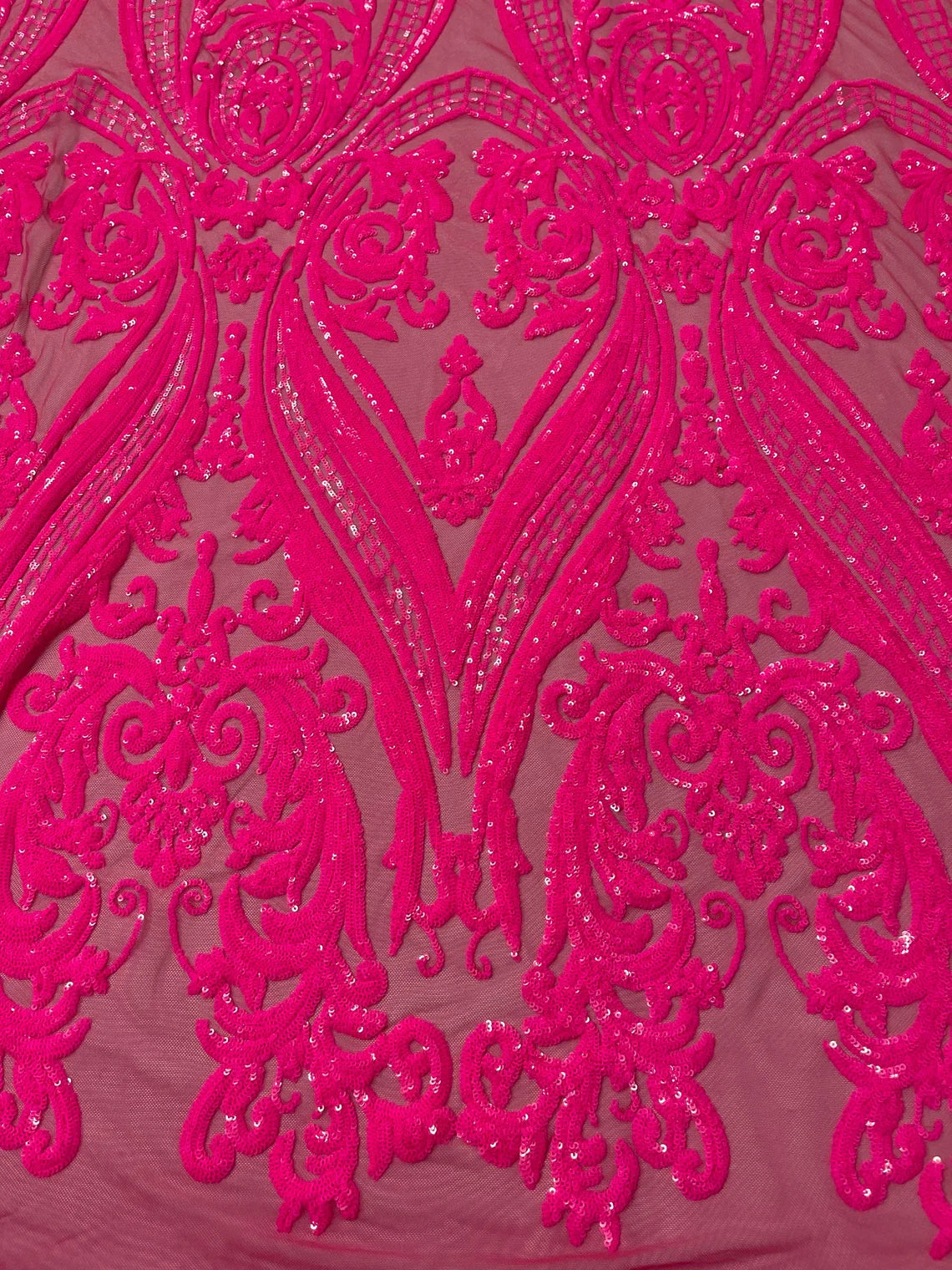 Big Damask Sequins Fabric - Neon Pink - 4 Way Stretch Damask Sequins Design Fabric By Yard