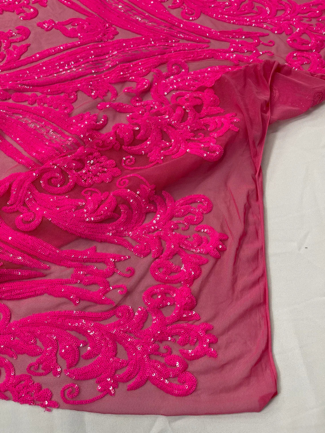 Big Damask Sequins Fabric - Neon Pink - 4 Way Stretch Damask Sequins Design Fabric By Yard