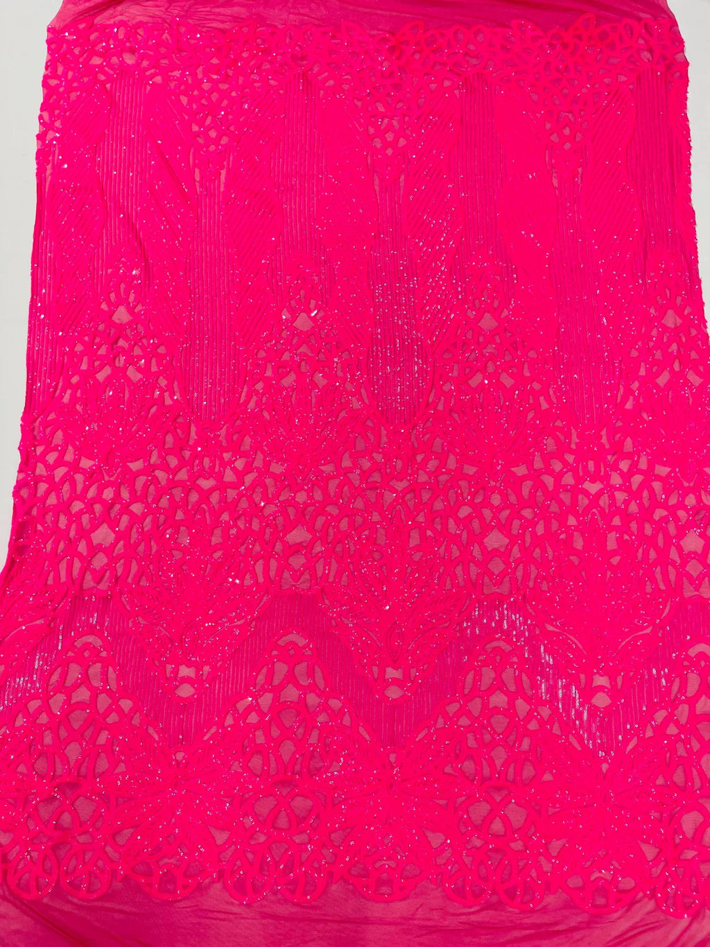 Elegant Floral Leaf Design - Neon Pink - 4 Way Stretch Sequins Lace Spandex Fabric By Yard