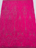 Long Wavy Pattern Sequins - Neon Pink - 4 Way Stretch Sequins Fabric Line Design By Yard