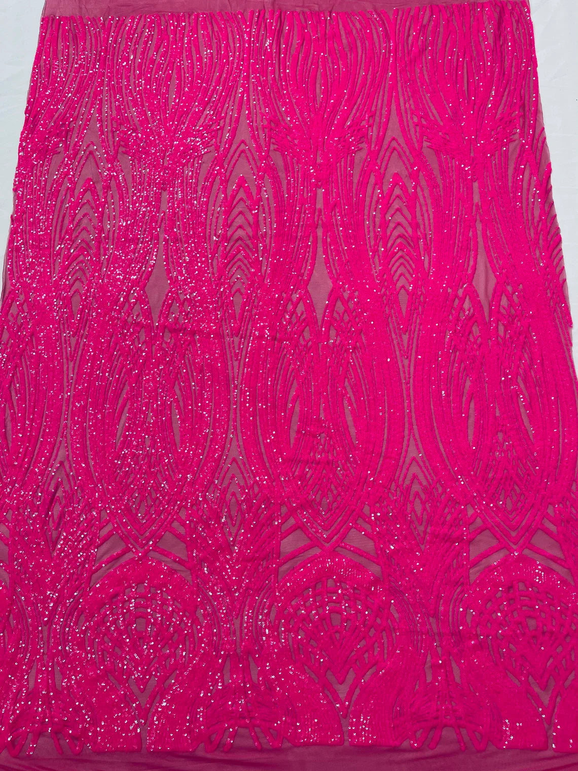 Long Wavy Pattern Sequins - Neon Pink - 4 Way Stretch Sequins Fabric Line Design By Yard