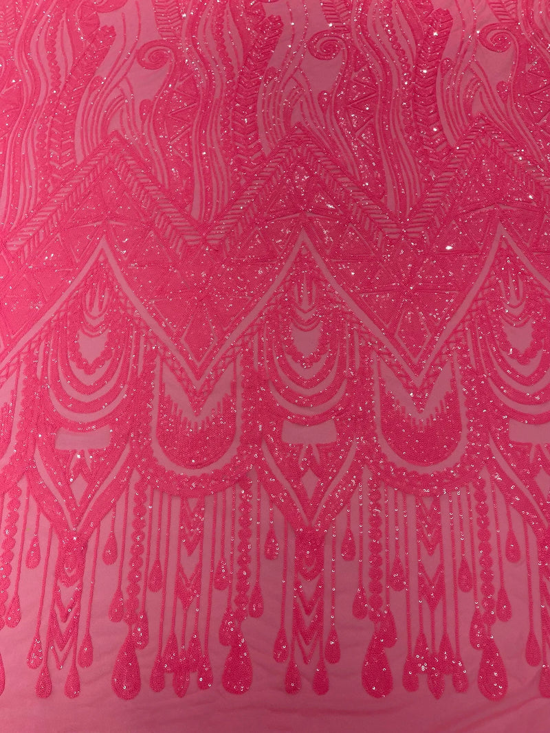 Zig Zag Design Sequins - Neon Pink - 4 Way Stretch Embroidered Zig Zag Sequins Lace Fabric By The Yard
