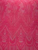 Zig Zag Design Sequins - Neon Pink - 4 Way Stretch Embroidered Zig Zag Sequins Lace Fabric By The Yard