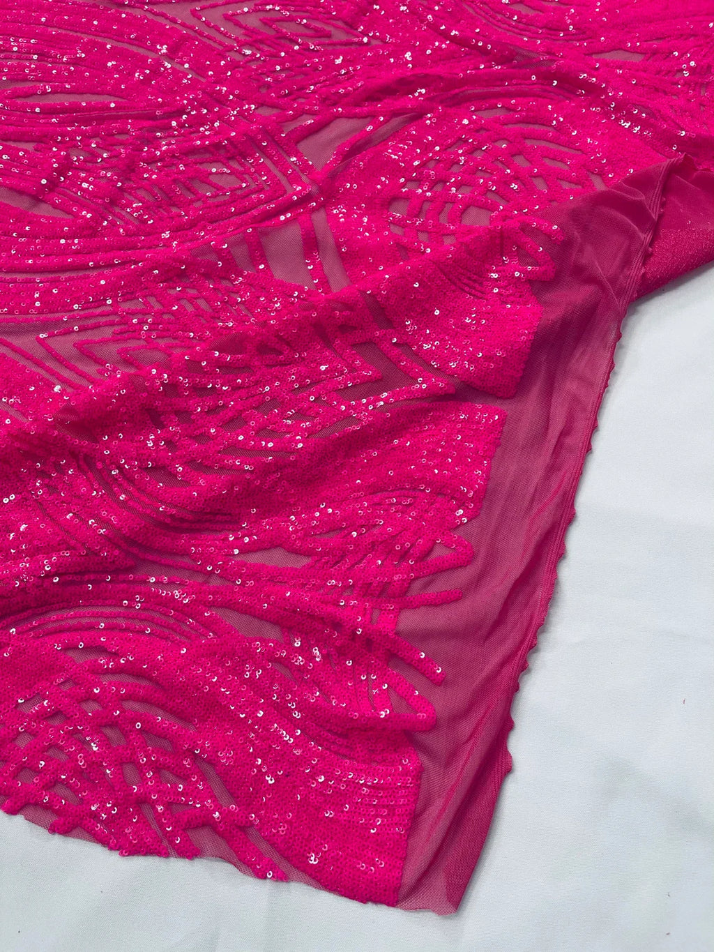 Long Wavy Pattern Sequins - Neon Pink - 4 Way Stretch Sequins Fabric Line Design By Yard