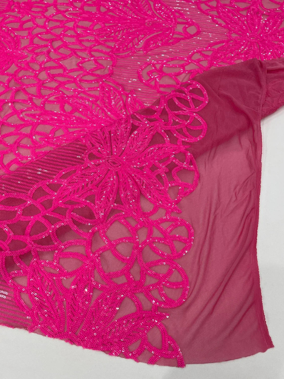 Elegant Floral Leaf Design - Neon Pink - 4 Way Stretch Sequins Lace Spandex Fabric By Yard