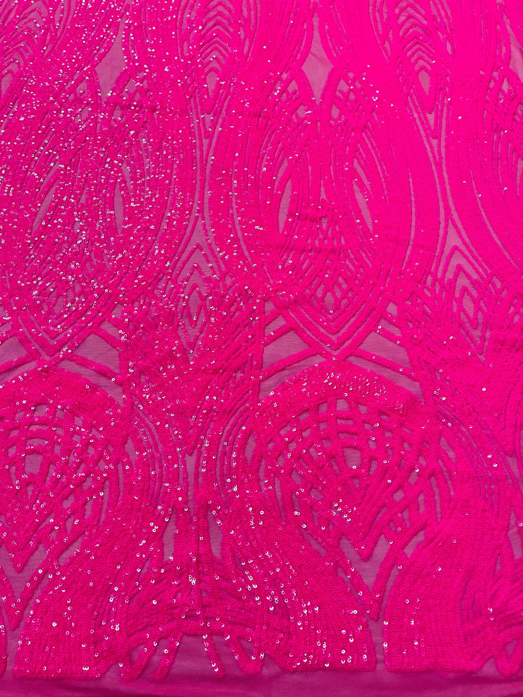 Long Wavy Pattern Sequins - Neon Pink - 4 Way Stretch Sequins Fabric Line Design By Yard