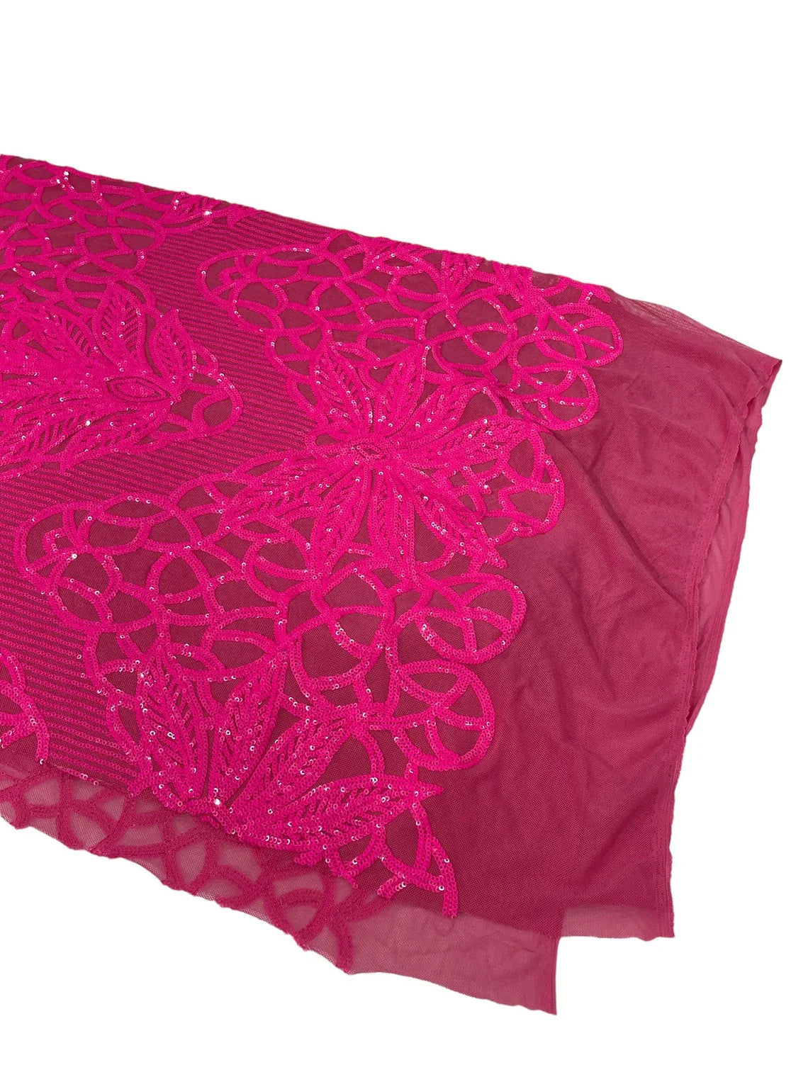 Elegant Floral Leaf Design - Neon Pink - 4 Way Stretch Sequins Lace Spandex Fabric By Yard