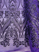 Big Damask Sequins Fabric - Neon Plum - 4 Way Stretch Damask Sequins Design Fabric By Yard