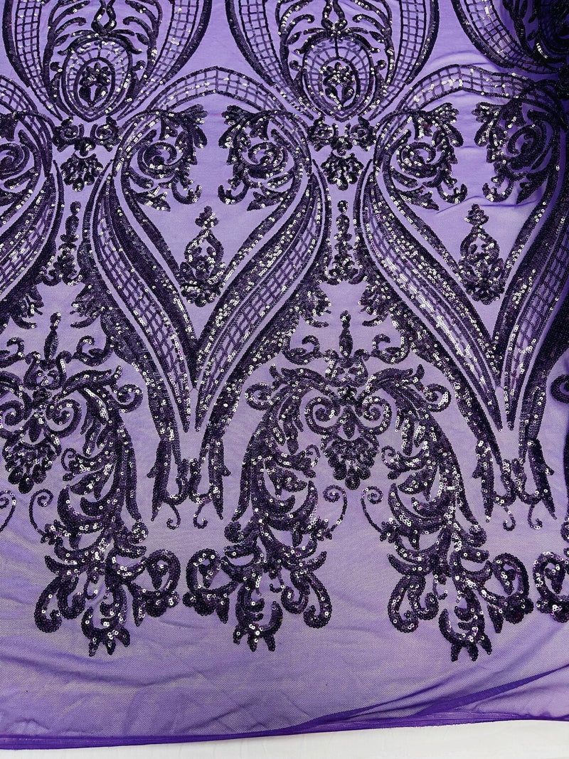 Big Damask Sequins Fabric - Neon Plum - 4 Way Stretch Damask Sequins Design Fabric By Yard