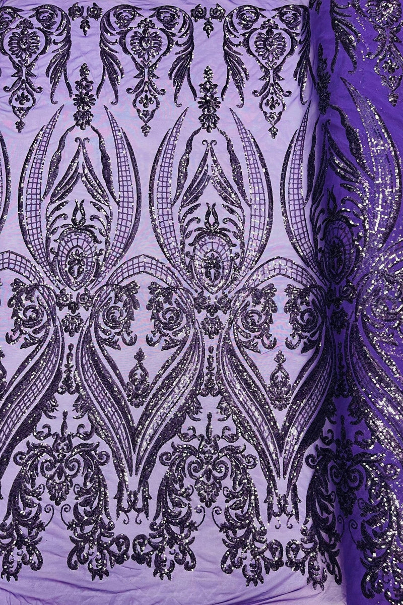 Big Damask Sequins Fabric - Neon Plum - 4 Way Stretch Damask Sequins Design Fabric By Yard