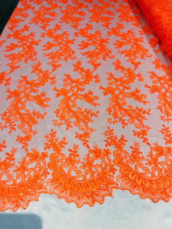 Lace Sequins Fabric - Corded Flower Embroidery Design Mesh Fabric - 25 Yard Roll