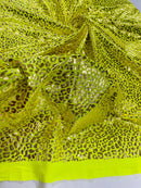 Cheetah Design Spandex Fabric - Neon Yellow - 58/60" Animal Print 4 Way Stretch Fabric By Yard