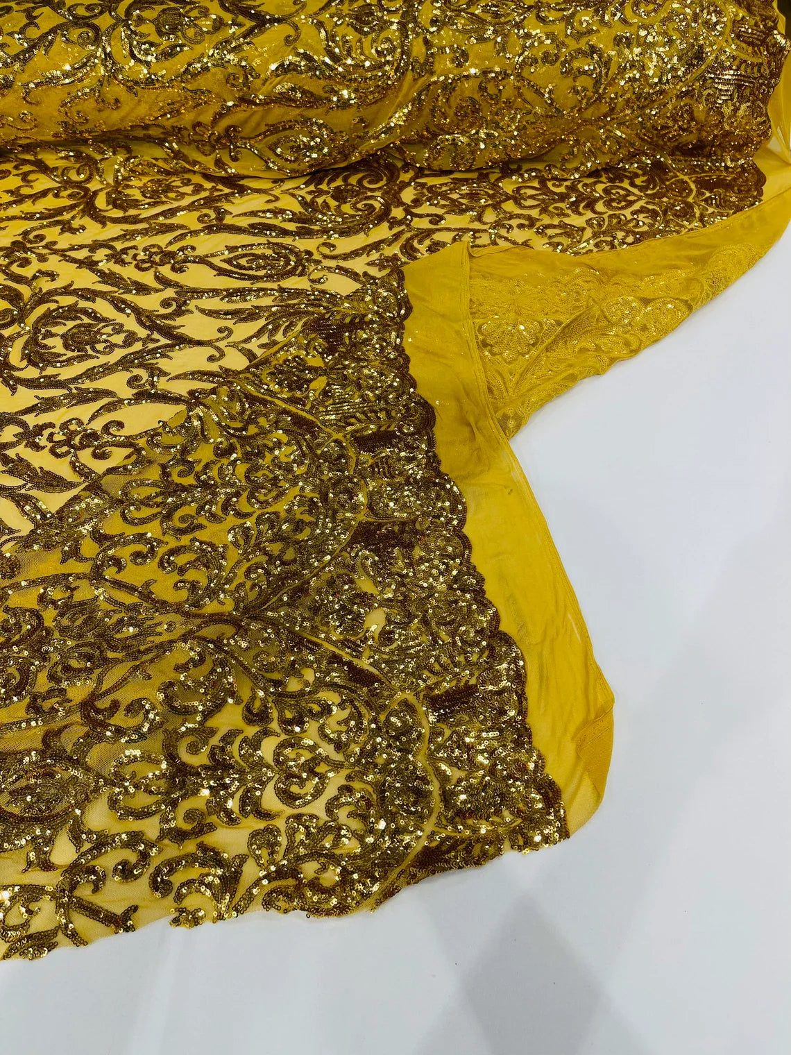 Damask Decor Sequins - New Gold - 4 Way Stretch Design High Quality Fabric By Yard