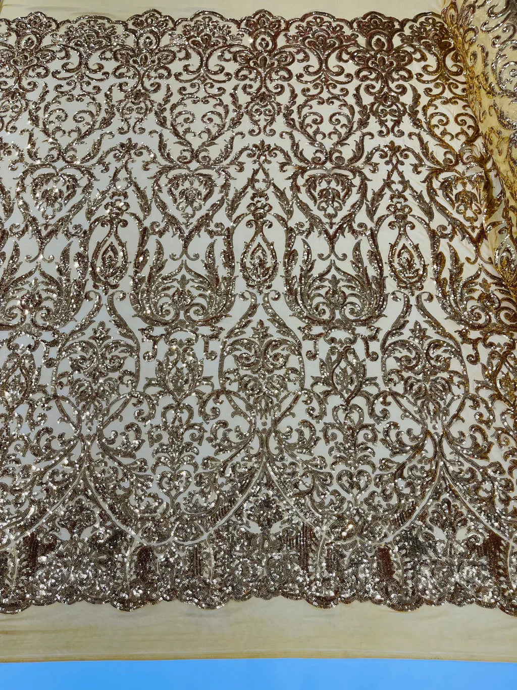 Damask Decor Sequins - New Gold - 4 Way Stretch Design High Quality Fabric By Yard