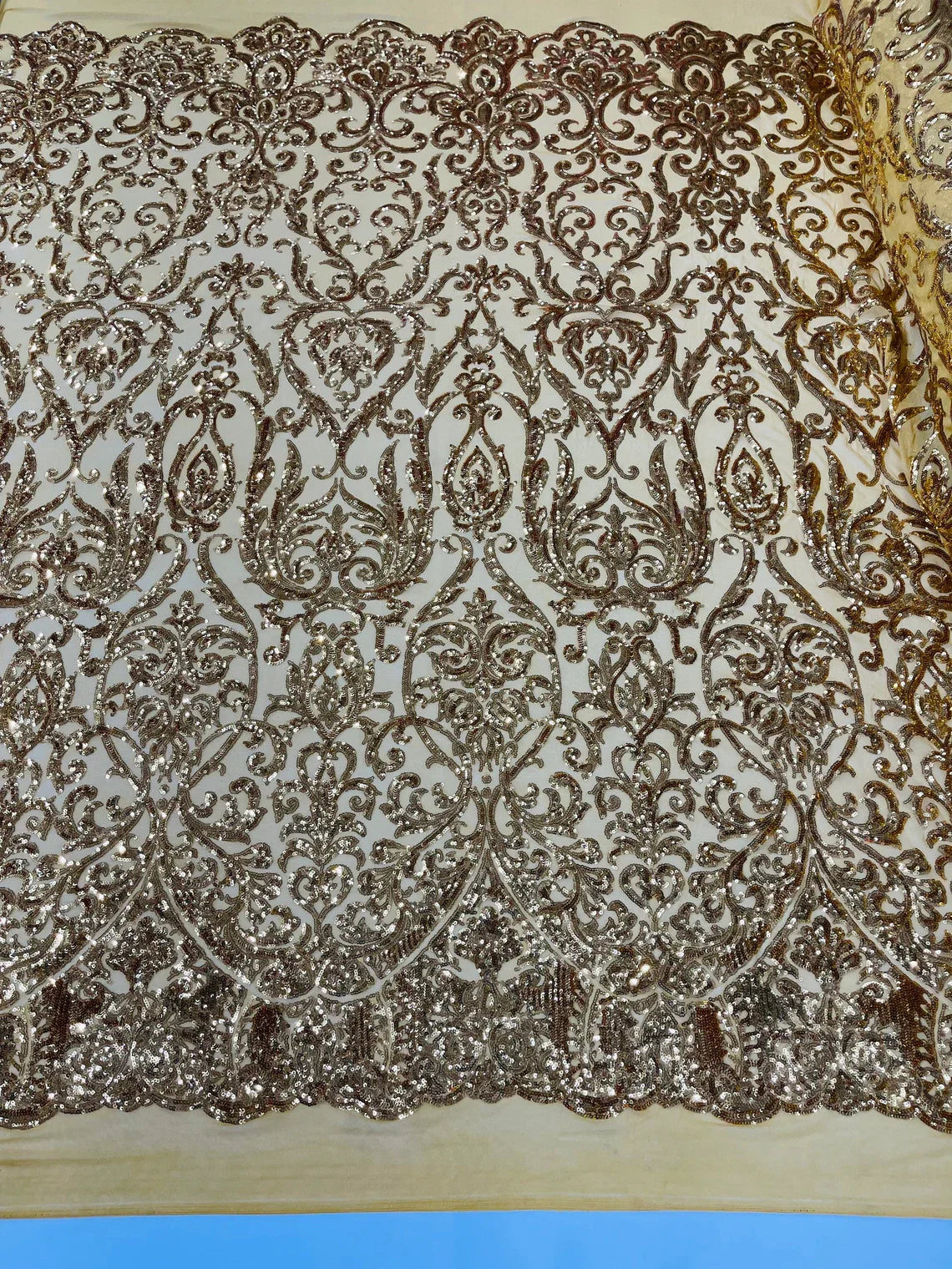 Damask Decor Sequins - New Gold - 4 Way Stretch Design High Quality Fabric By Yard