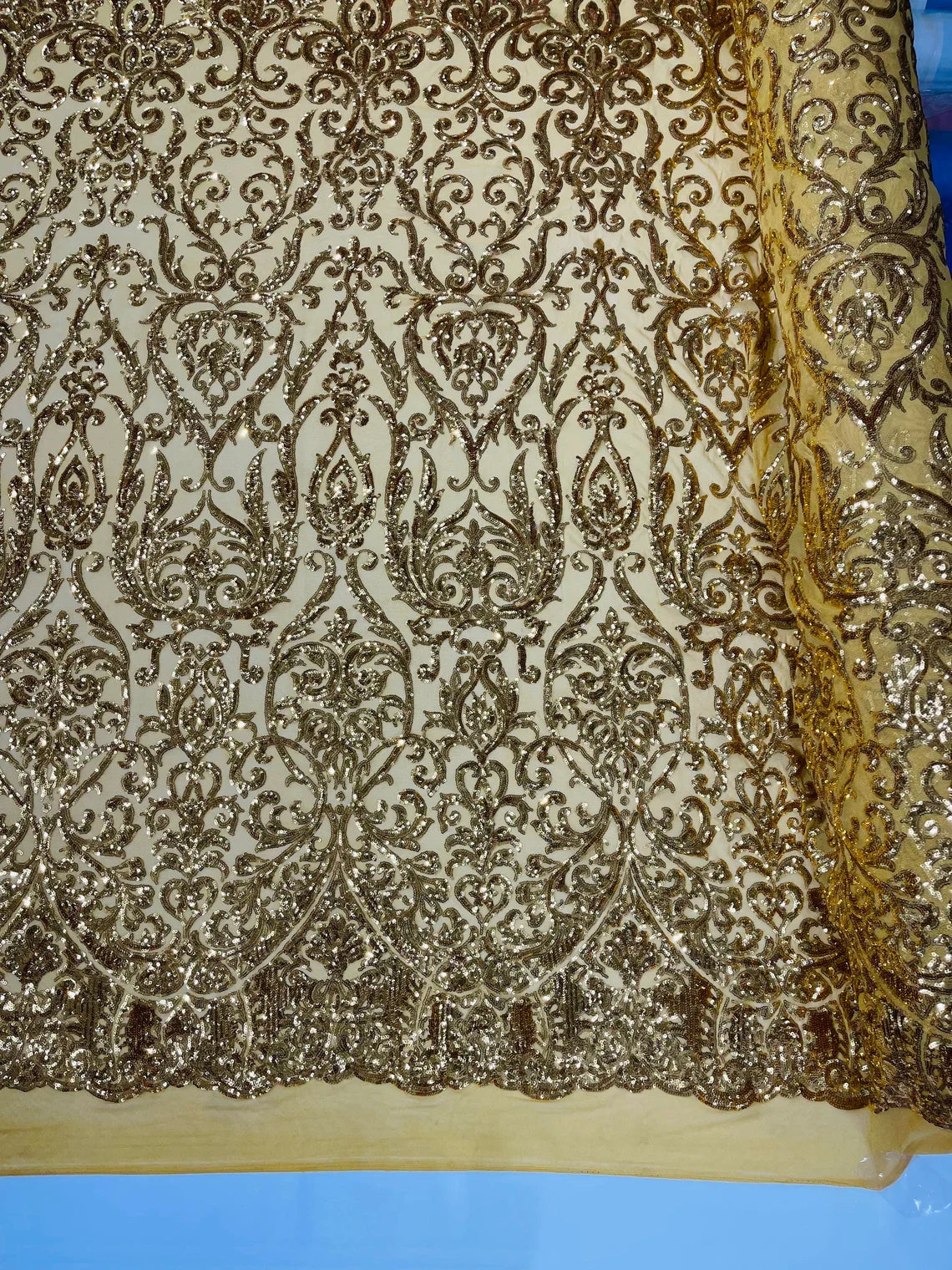 Damask Decor Sequins - New Gold - 4 Way Stretch Design High Quality Fabric By Yard