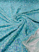 Stretch Velvet Sequins Fabric - New Mint Iridescent - Velvet Sequins 2 Way Stretch 58/60” By Yard