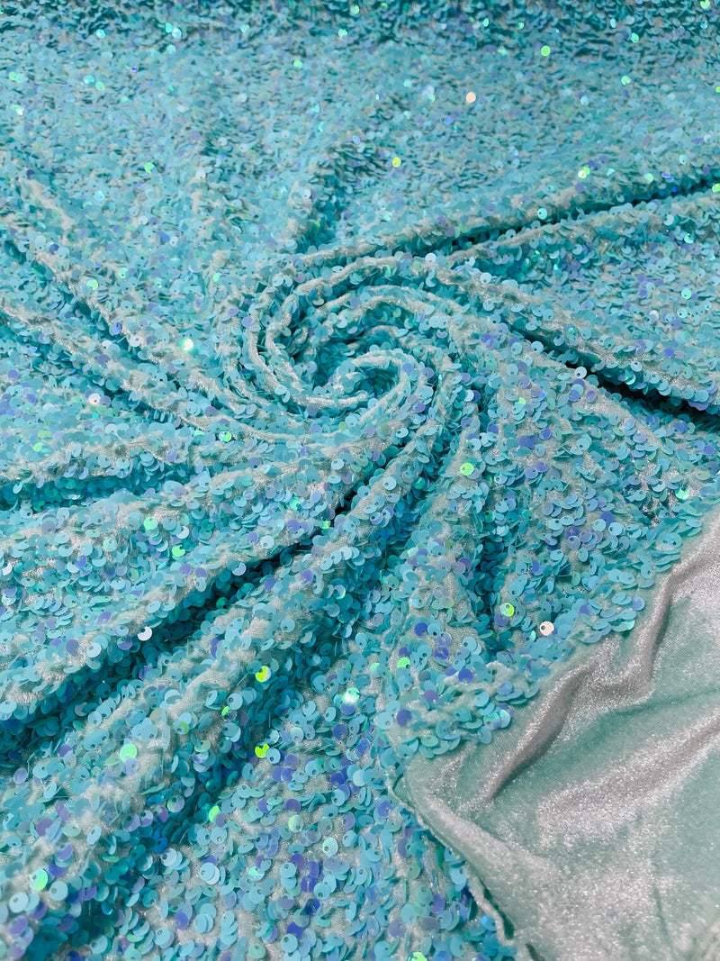 Stretch Velvet Sequins Fabric - New Mint Iridescent - Velvet Sequins 2 Way Stretch 58/60” By Yard