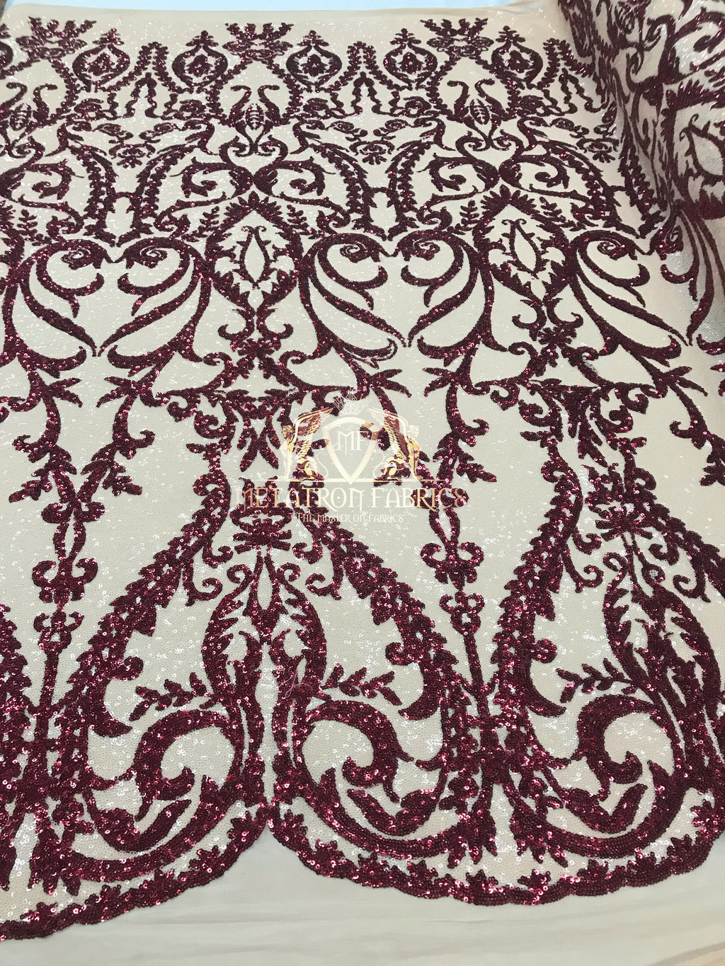 Two Tone Sequins - Burgundy / Nude - 4 Way Stretch Fancy Design Mesh Fabric Sold By The Yard