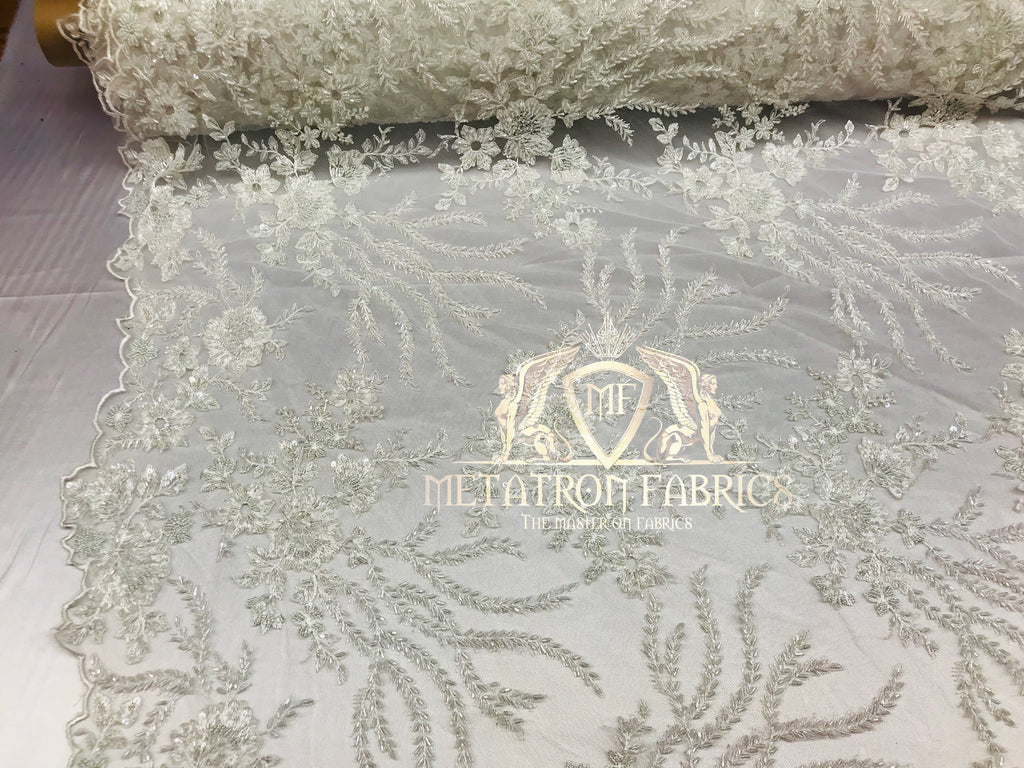 Beaded -Ivory- Fancy Flower Design Sequins Fabric with Beads Sold By The Yard