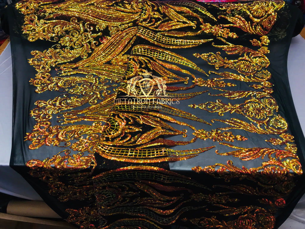 Big Damask Sequins Fabric - Orange on Black - 4 Way Stretch Damask Sequins Design Fabric By Yard