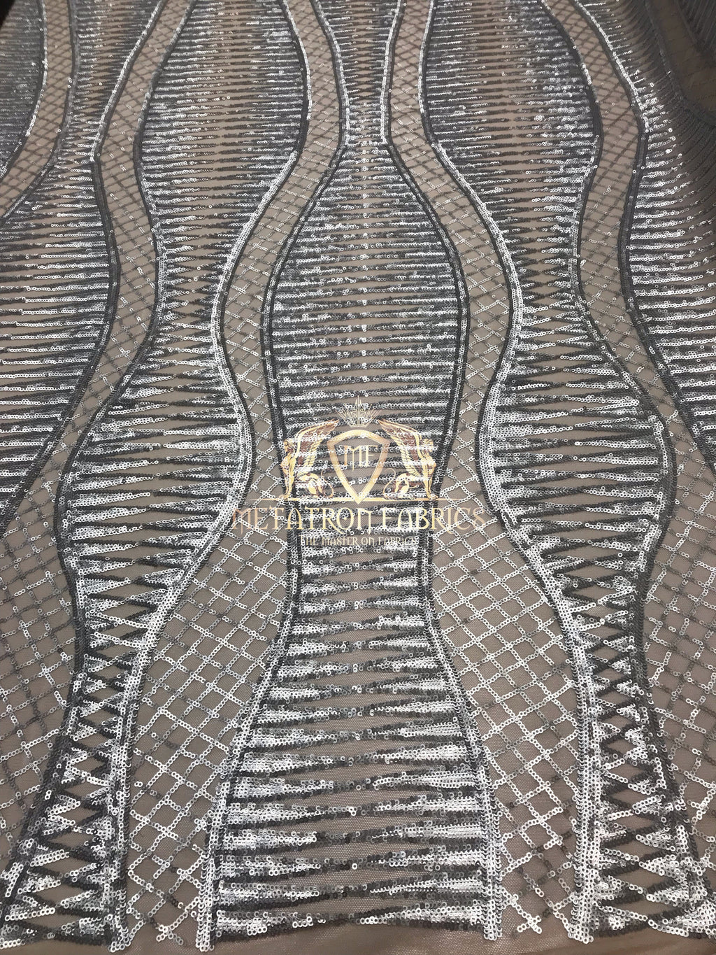 4 Way Stretch - Silver  - Horizontal Line Design Sequins On Stretch Mesh By The Yard