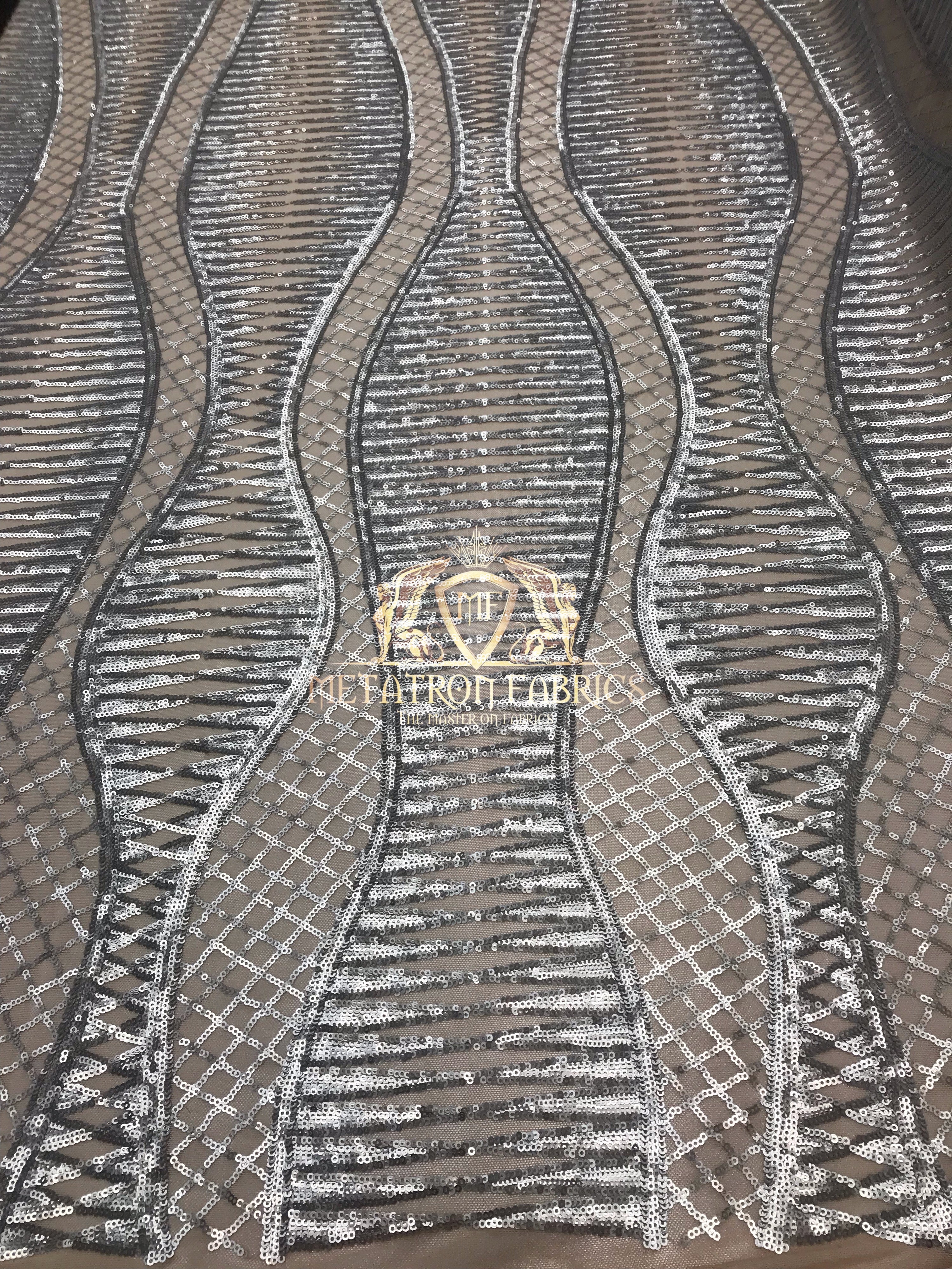 4 Way Stretch - Silver  - Horizontal Line Design Sequins On Stretch Mesh By The Yard