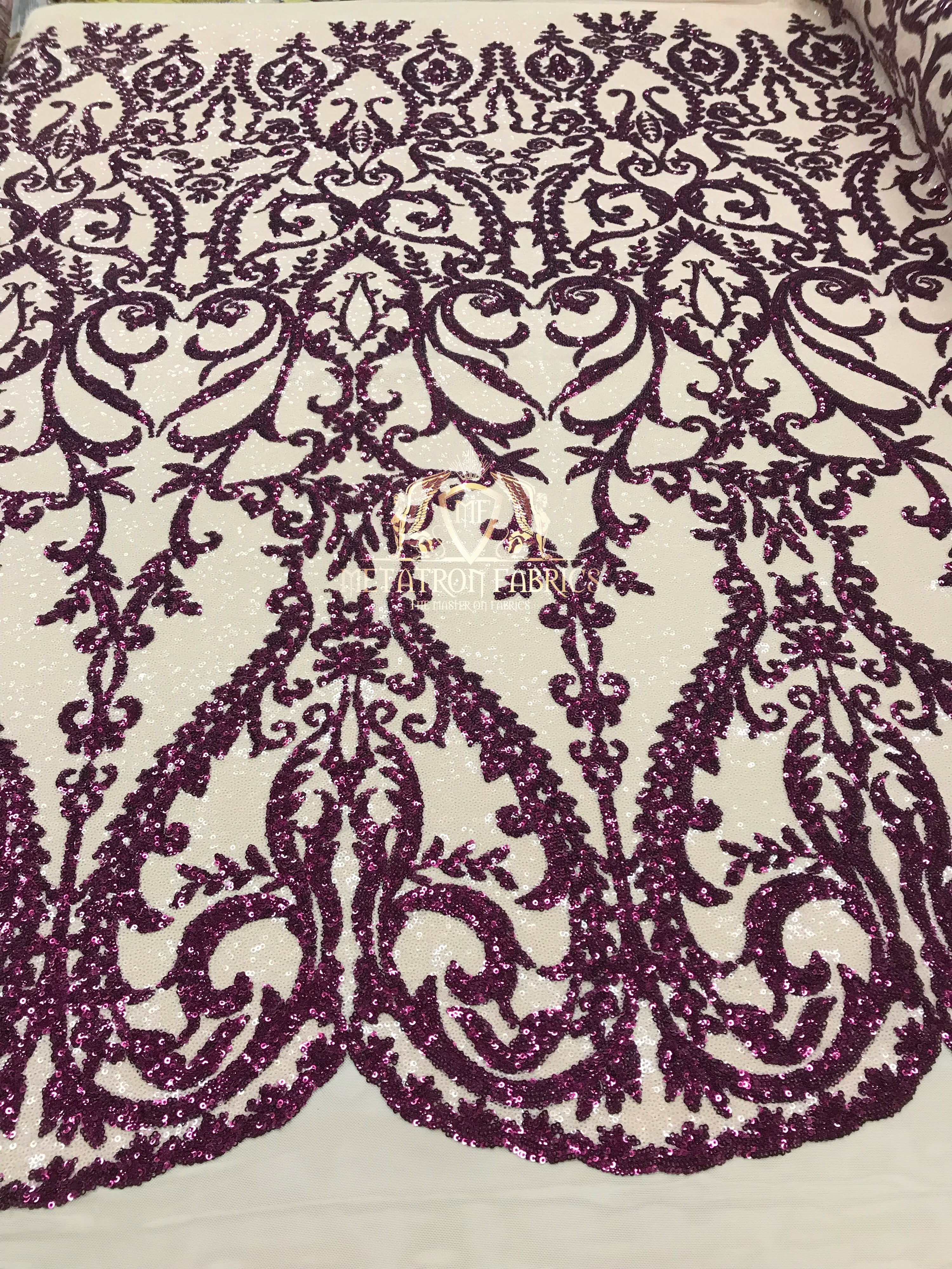 Two Tone Sequins - Magenta / Nude - 4 Way Stretch Fancy Design Mesh Fabric Sold By The Yard