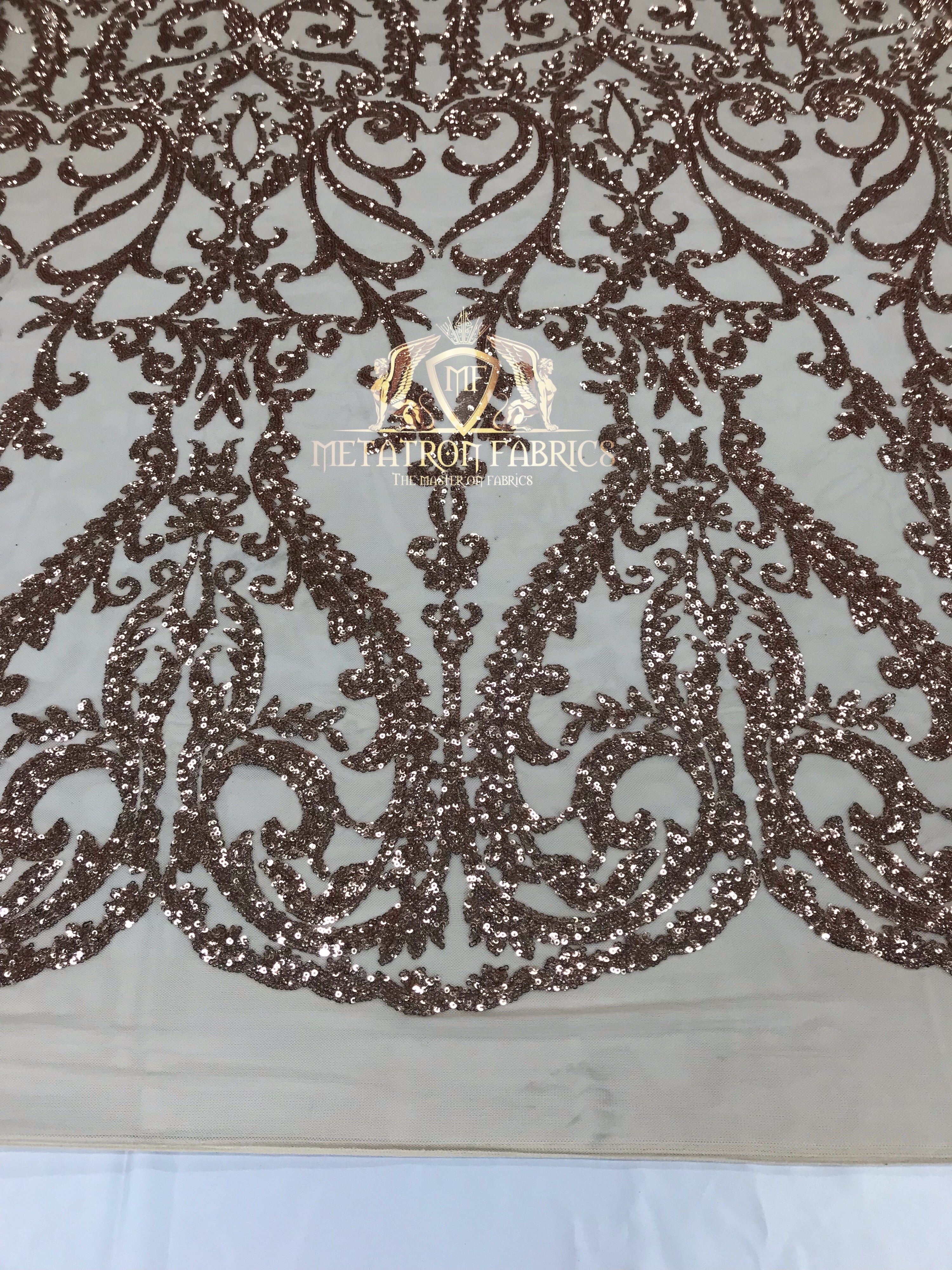 4 Way Stretch - Rose Gold - Sequins Damask Design Fabric Embroidered On Mesh Sold By The Yard
