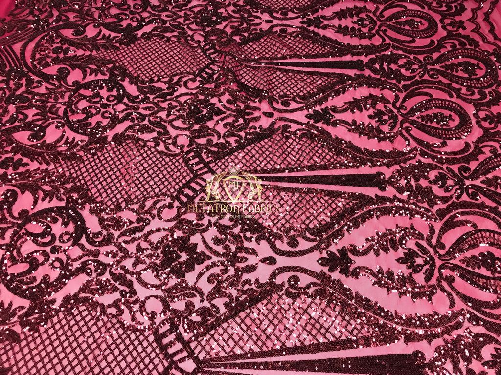 Sequins - Burgundy - 4 Way Stretch Fancy Fabric Embroidered On Mesh Sold By The Yard