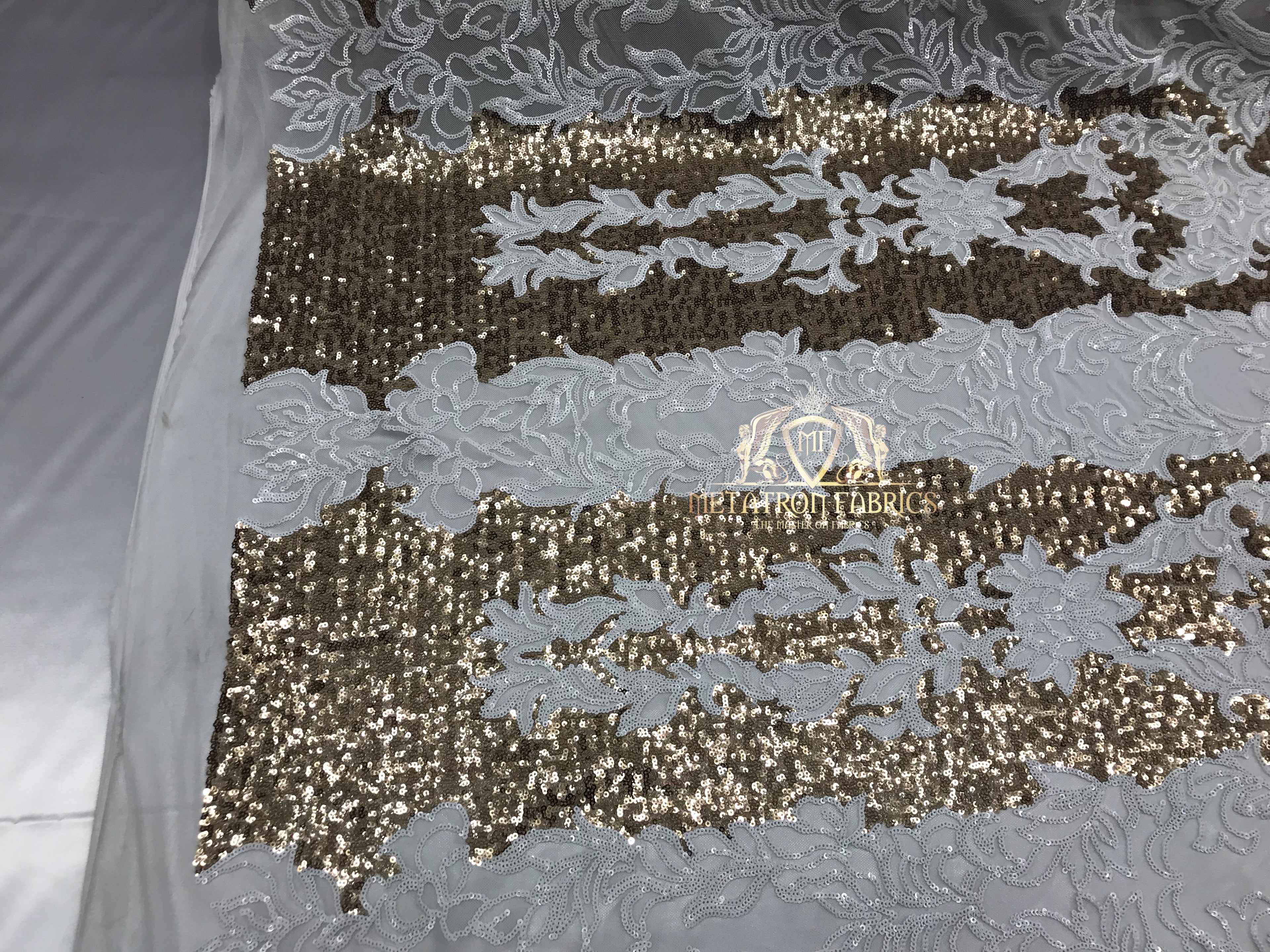 4 Way Stretch - White and Gold - Two Tone Flower Design Sequins On Stretch Mesh By The Yard