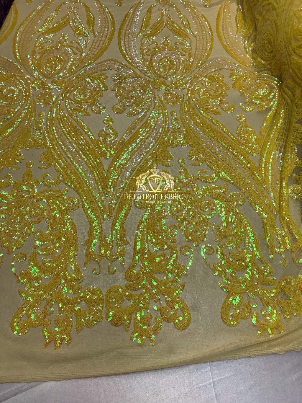 Big Damask Sequins Fabric - Yellow - 4 Way Stretch Damask Sequins Design Fabric By Yard