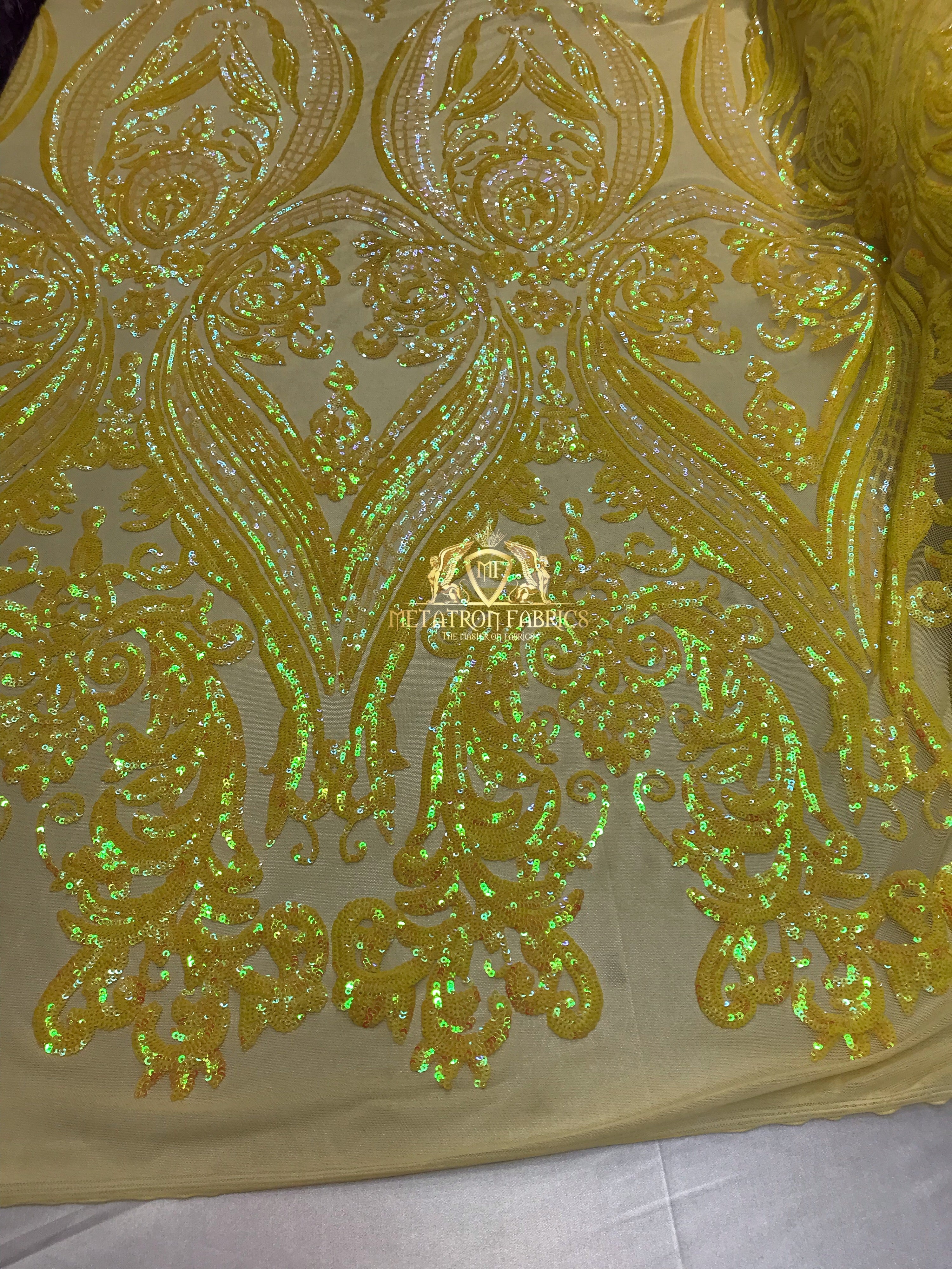 Big Damask Sequins Fabric - Yellow - 4 Way Stretch Damask Sequins Design Fabric By Yard