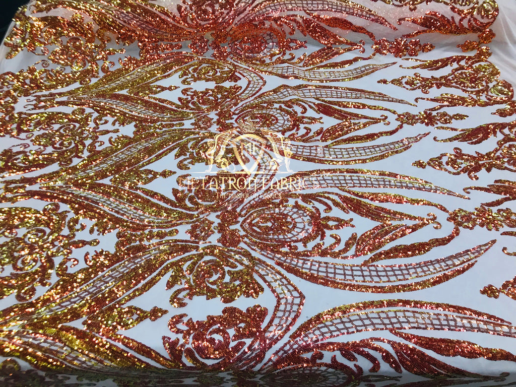 Big Damask Sequins Fabric - Orange - 4 Way Stretch Damask Sequins Design Fabric By Yard