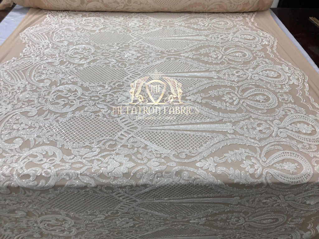 Sequins - White on Nude Mesh - 4 Way Stretch Fancy Fabric Embroidered On Mesh Sold By The Yard
