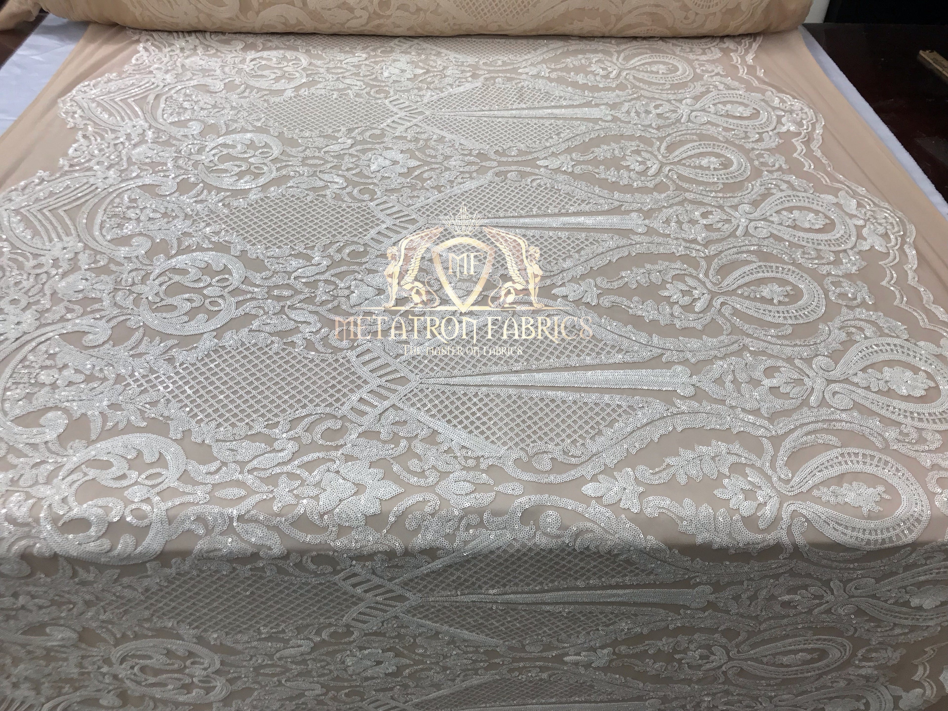 Sequins - White on Nude Mesh - 4 Way Stretch Fancy Fabric Embroidered On Mesh Sold By The Yard
