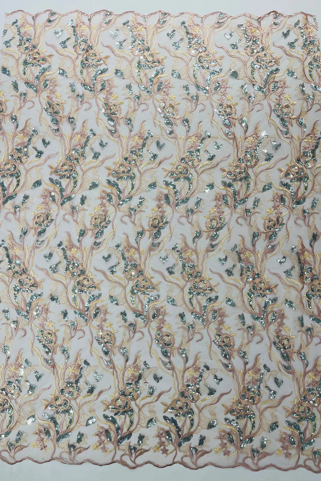 Floral Multi-Color Fabric - Blush / Aqua Sequins - Flower and Leaves Lace Sequins Fabric Sold By Yard