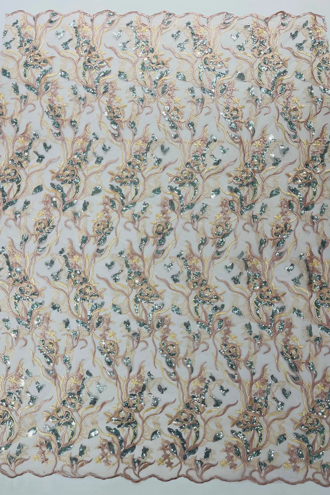 Floral Multi-Color Fabric - Blush / Aqua Sequins - Flower and Leaves Lace Sequins Fabric Sold By Yard
