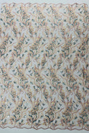 Floral Multi-Color Fabric - Blush / Aqua Sequins - Flower and Leaves Lace Sequins Fabric Sold By Yard