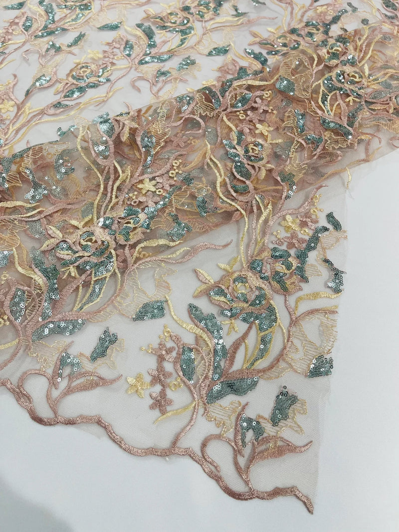 Floral Multi-Color Fabric - Blush / Aqua Sequins - Flower and Leaves Lace Sequins Fabric Sold By Yard