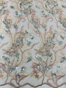 Floral Multi-Color Fabric - Blush / Aqua Sequins - Flower and Leaves Lace Sequins Fabric Sold By Yard
