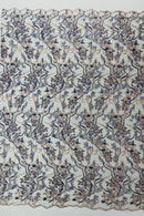 Floral Multi-Color Fabric - Nude / Navy Blue - Flower and Leaves Lace Sequins Fabric Sold By Yard