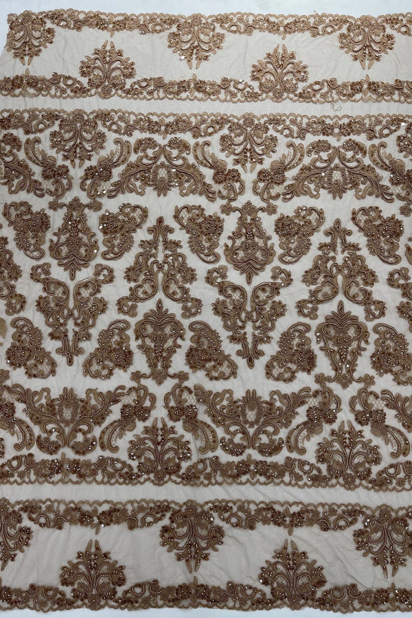 Beaded My Lady Damask Design - Nude - Beaded Fancy Damask Embroidered Fabric By Yard