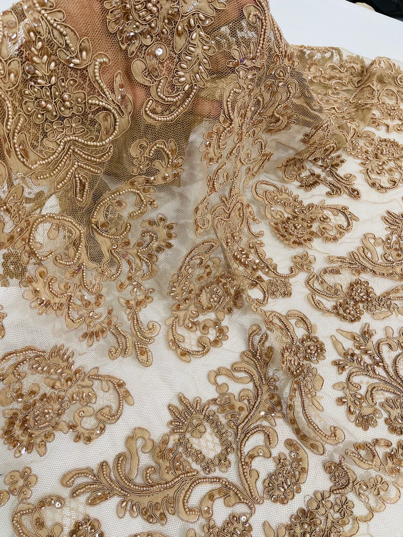 Beaded My Lady Damask Design - Nude - Beaded Fancy Damask Embroidered Fabric By Yard