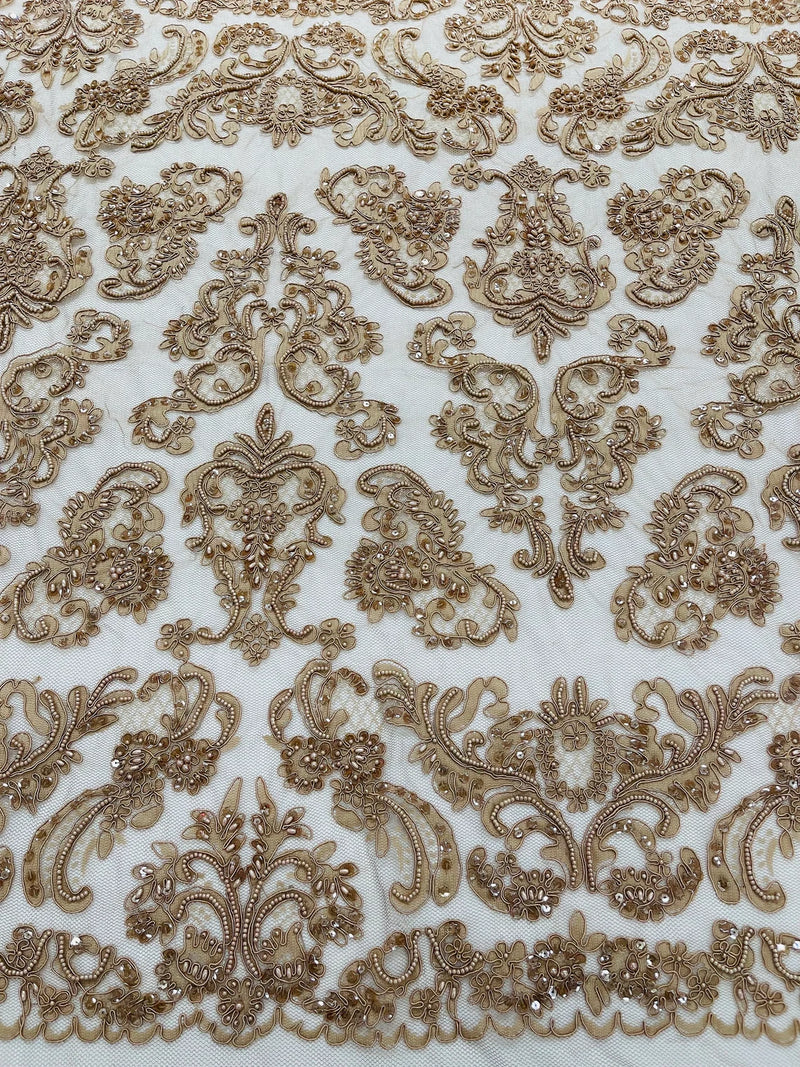 Beaded My Lady Damask Design - Nude - Beaded Fancy Damask Embroidered Fabric By Yard