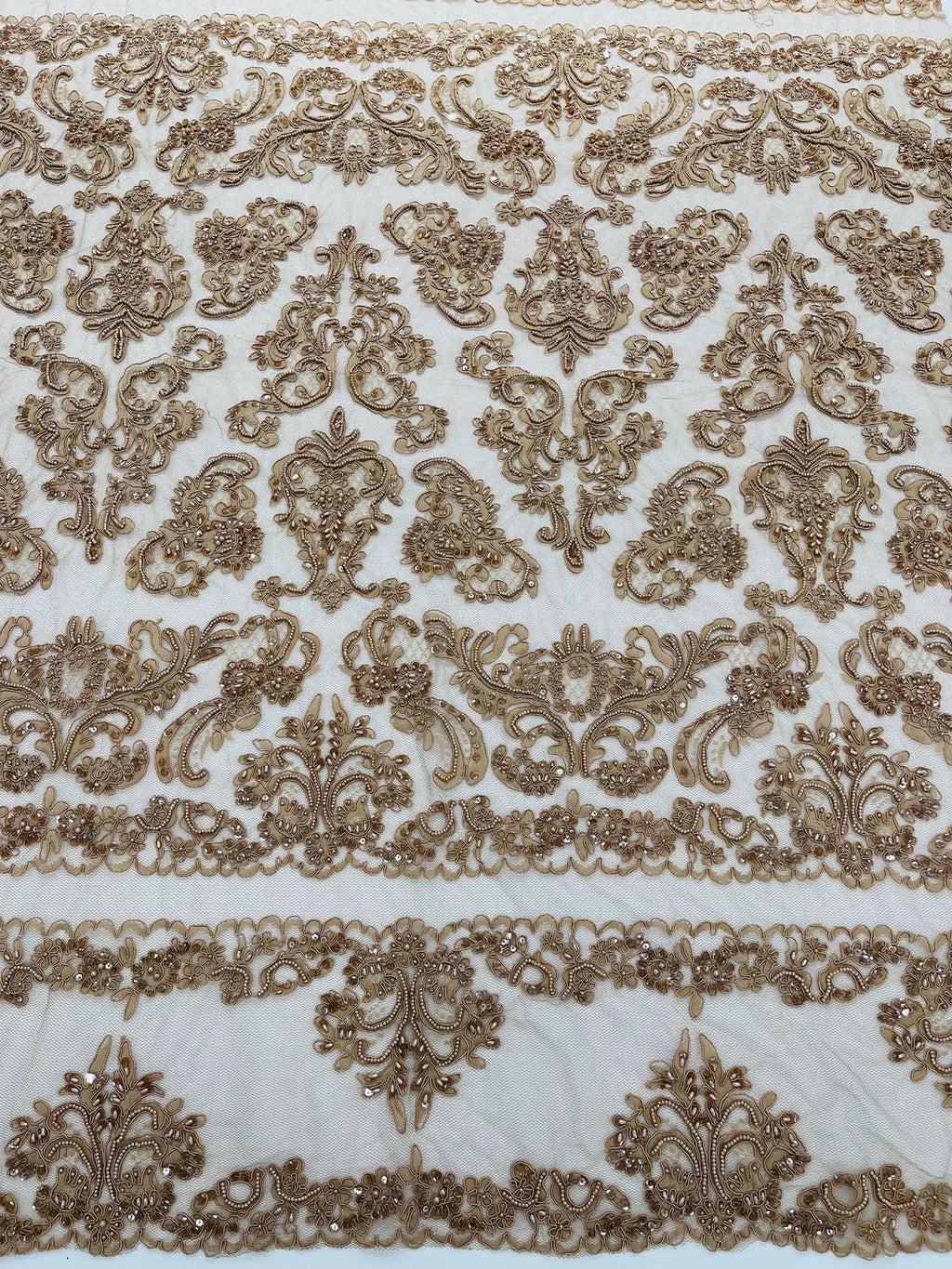 Beaded My Lady Damask Design - Nude - Beaded Fancy Damask Embroidered Fabric By Yard
