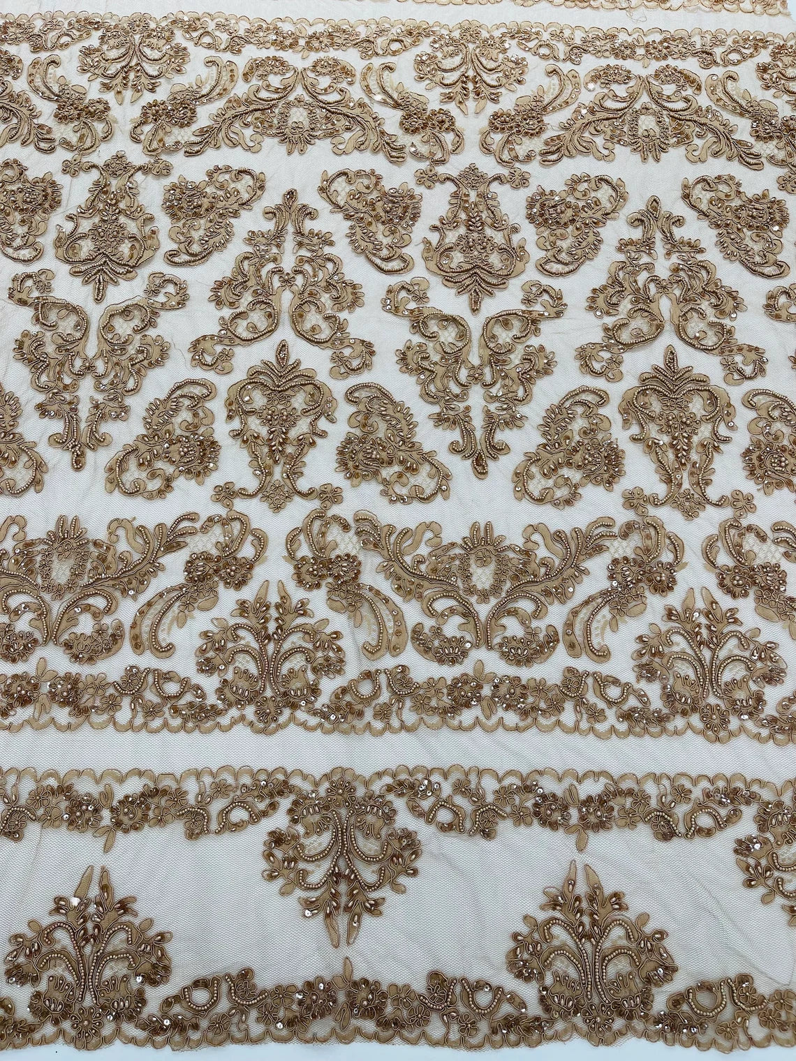 Beaded My Lady Damask Design - Nude - Beaded Fancy Damask Embroidered Fabric By Yard