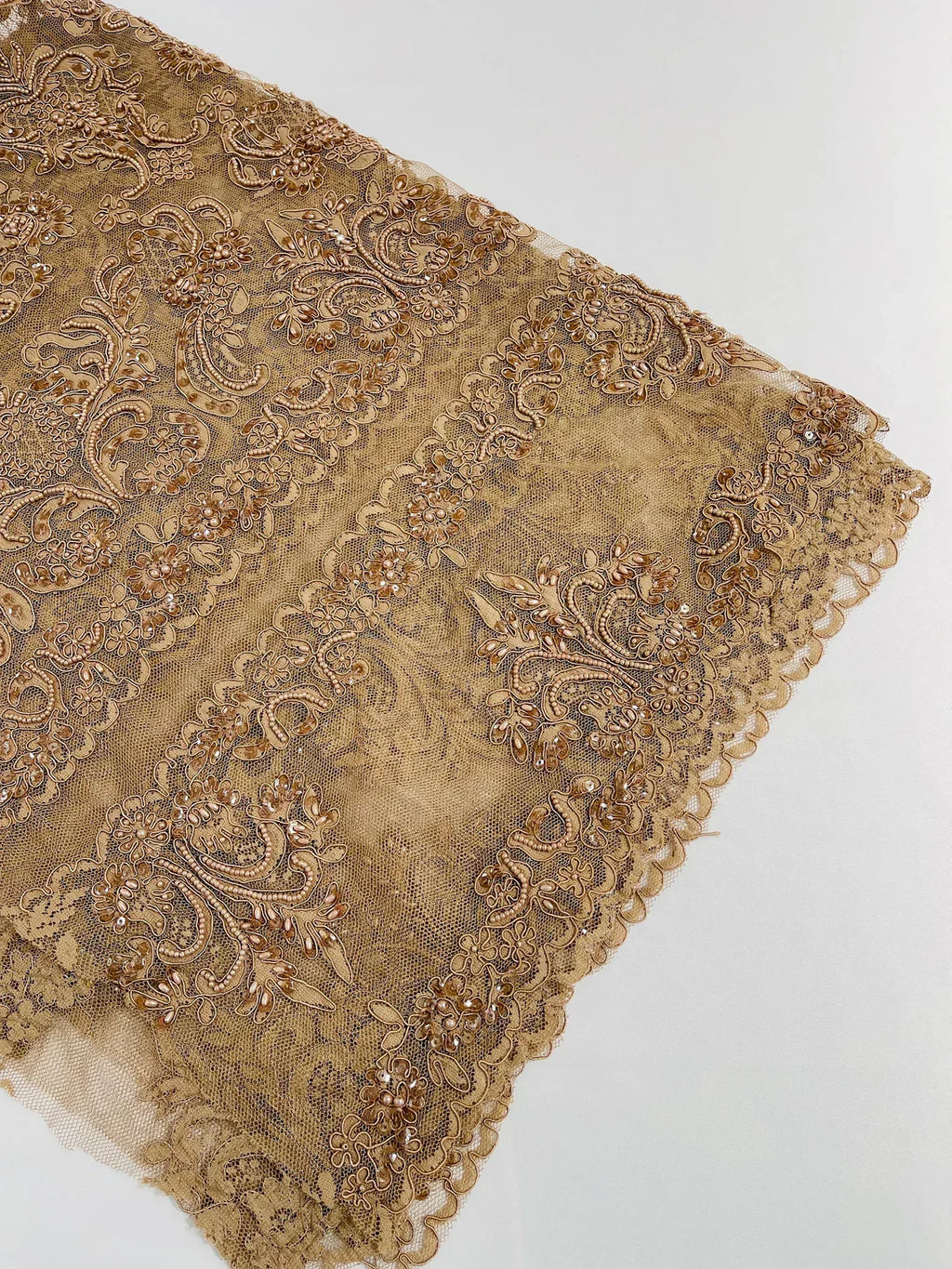 Beaded My Lady Damask Design - Nude - Beaded Fancy Damask Embroidered Fabric By Yard