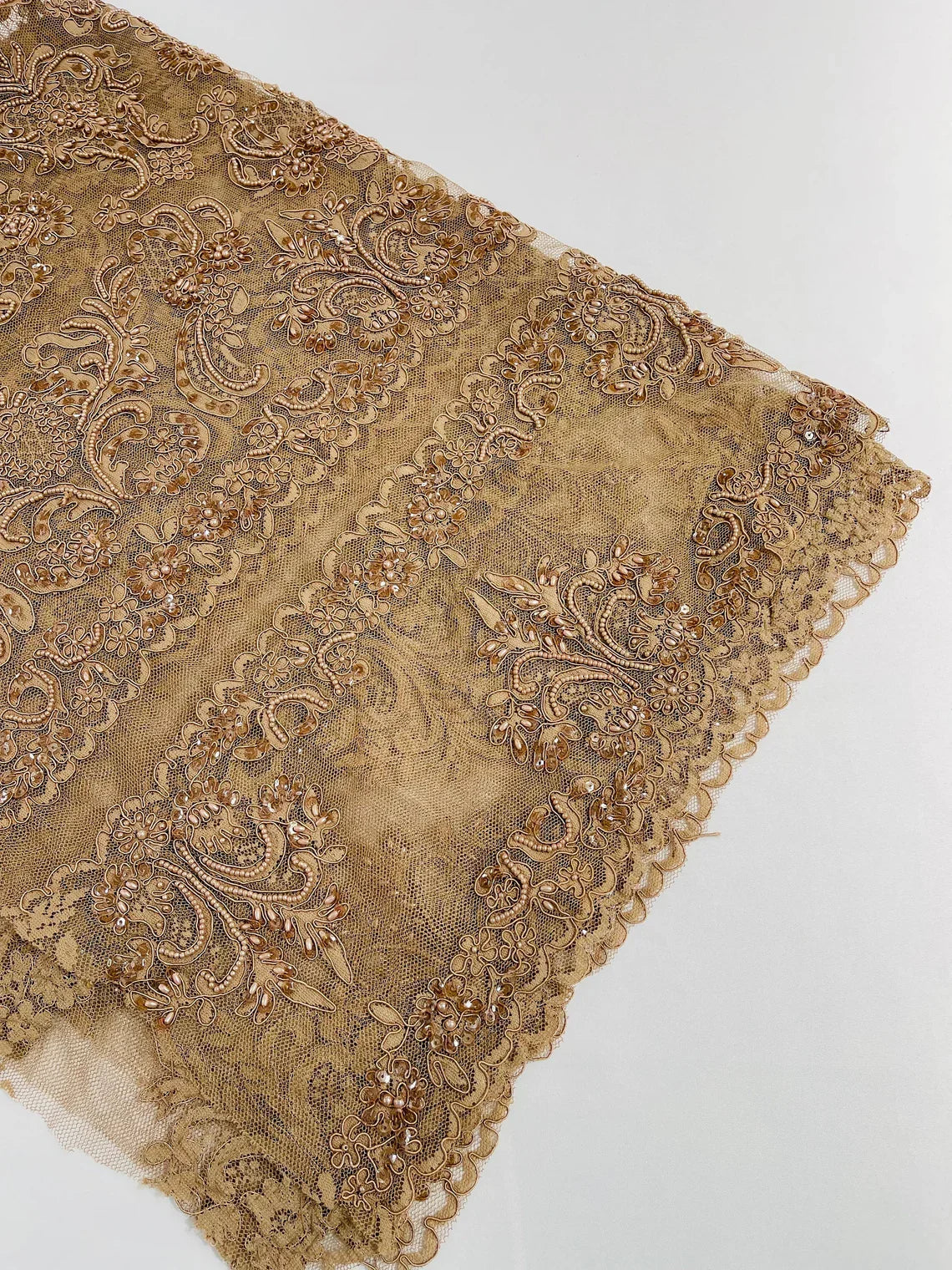 Beaded My Lady Damask Design - Nude - Beaded Fancy Damask Embroidered Fabric By Yard