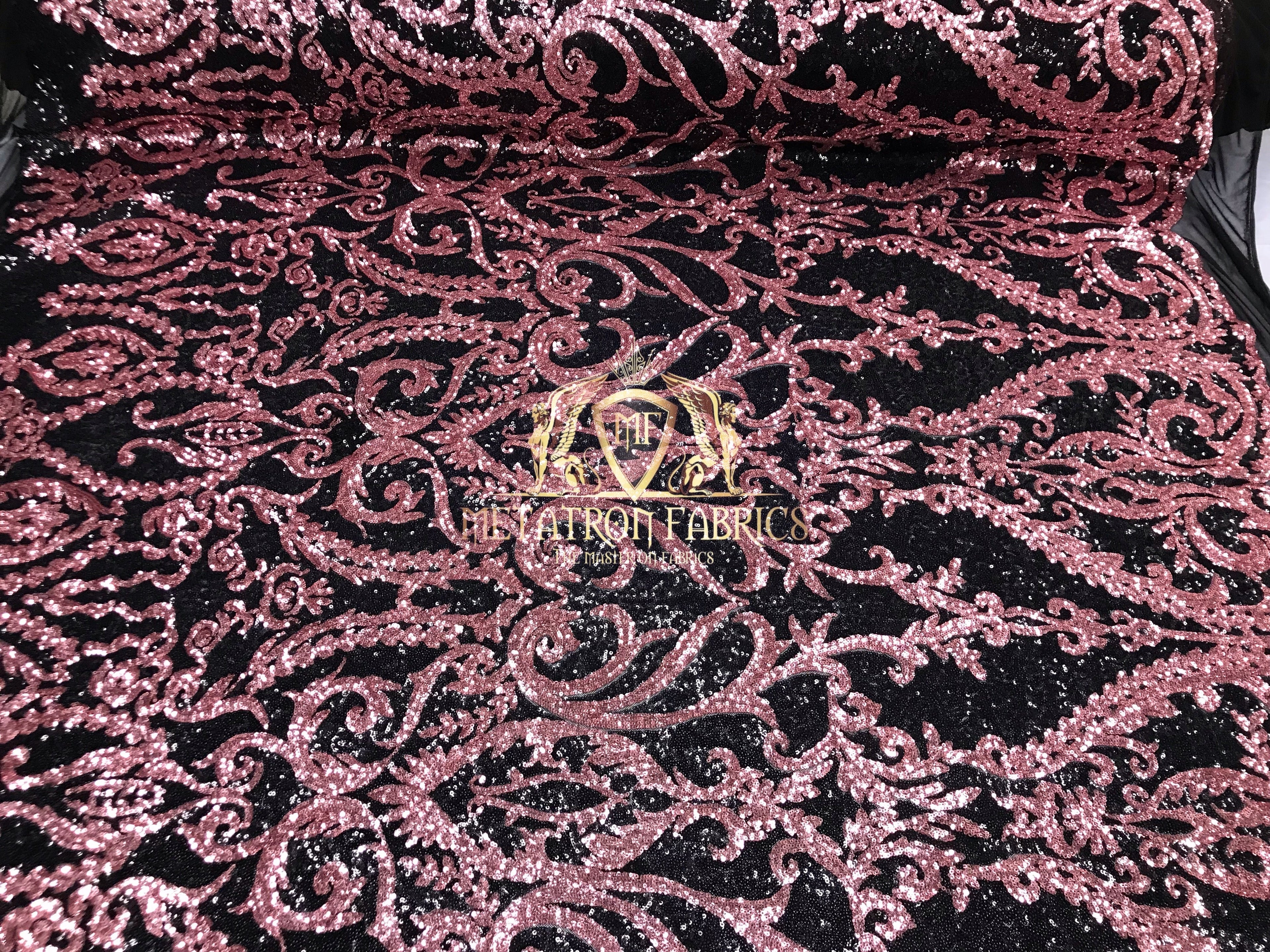 Two Tone Sequins - Pink / Black - 4 Way Stretch Fancy Design Mesh Fabric Sold By The Yard